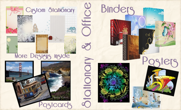 Custom Stationary, Postcards, Custom Binders in 3 sizes and posters and prints